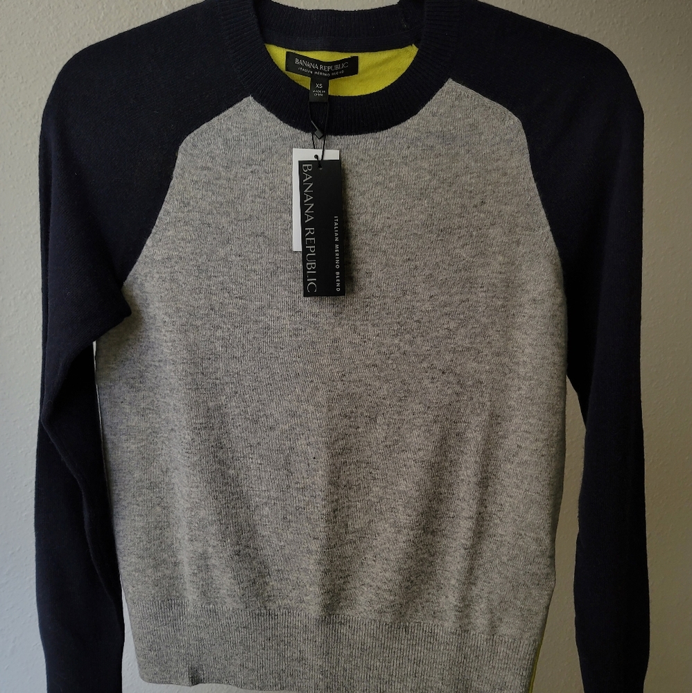 Banana Republic Womens Sweater Italian Merino Wool Color Block Gray Navy Yellow